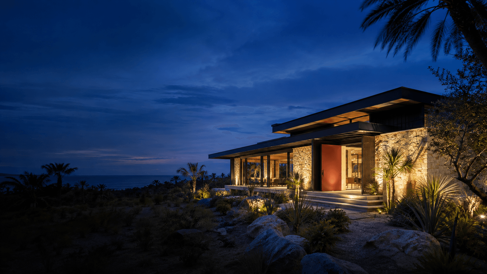 A completed Mexican coastal home at dusk