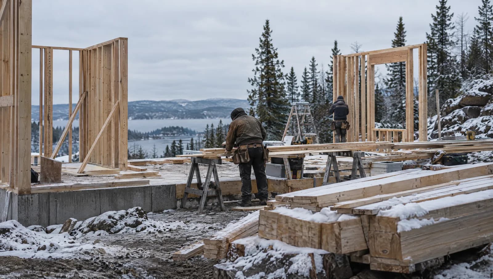 Three Canadian builders walking through a snowy job site