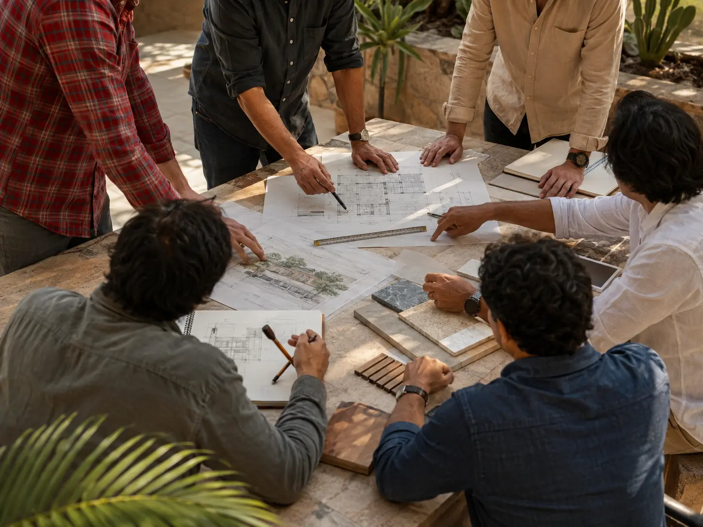 Canadian and Mexican professionals collaborating around plans