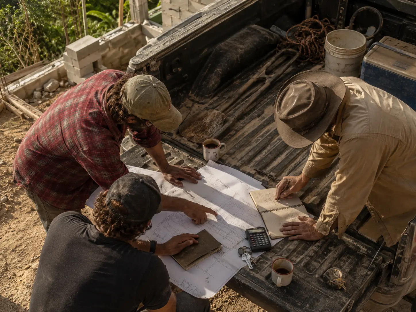 Founders working over plans on a pickup tailgate