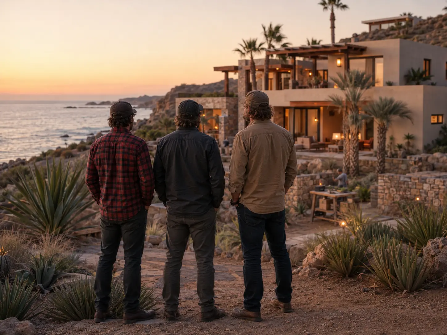 Founders overlooking a completed Mexican coastal residence at dusk