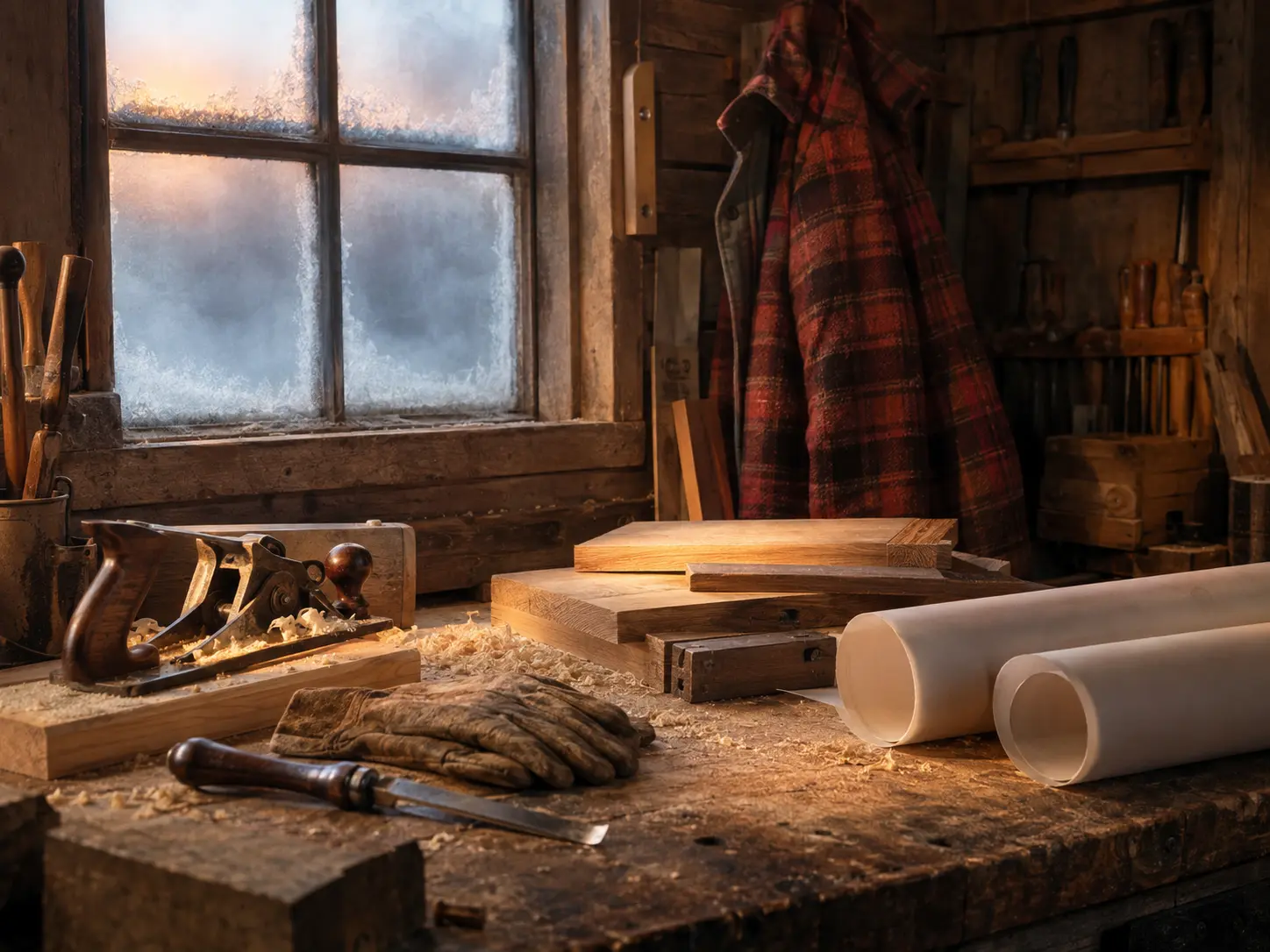 Canadian winter workshop with tools, a red plaid jacket hanging, no people