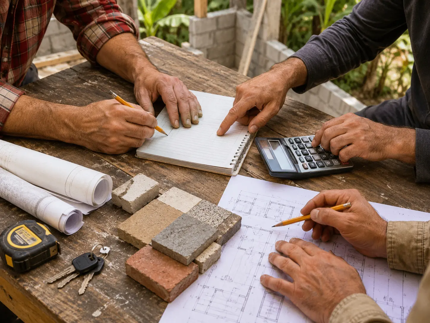 Three founders' hands planning and estimating an early project