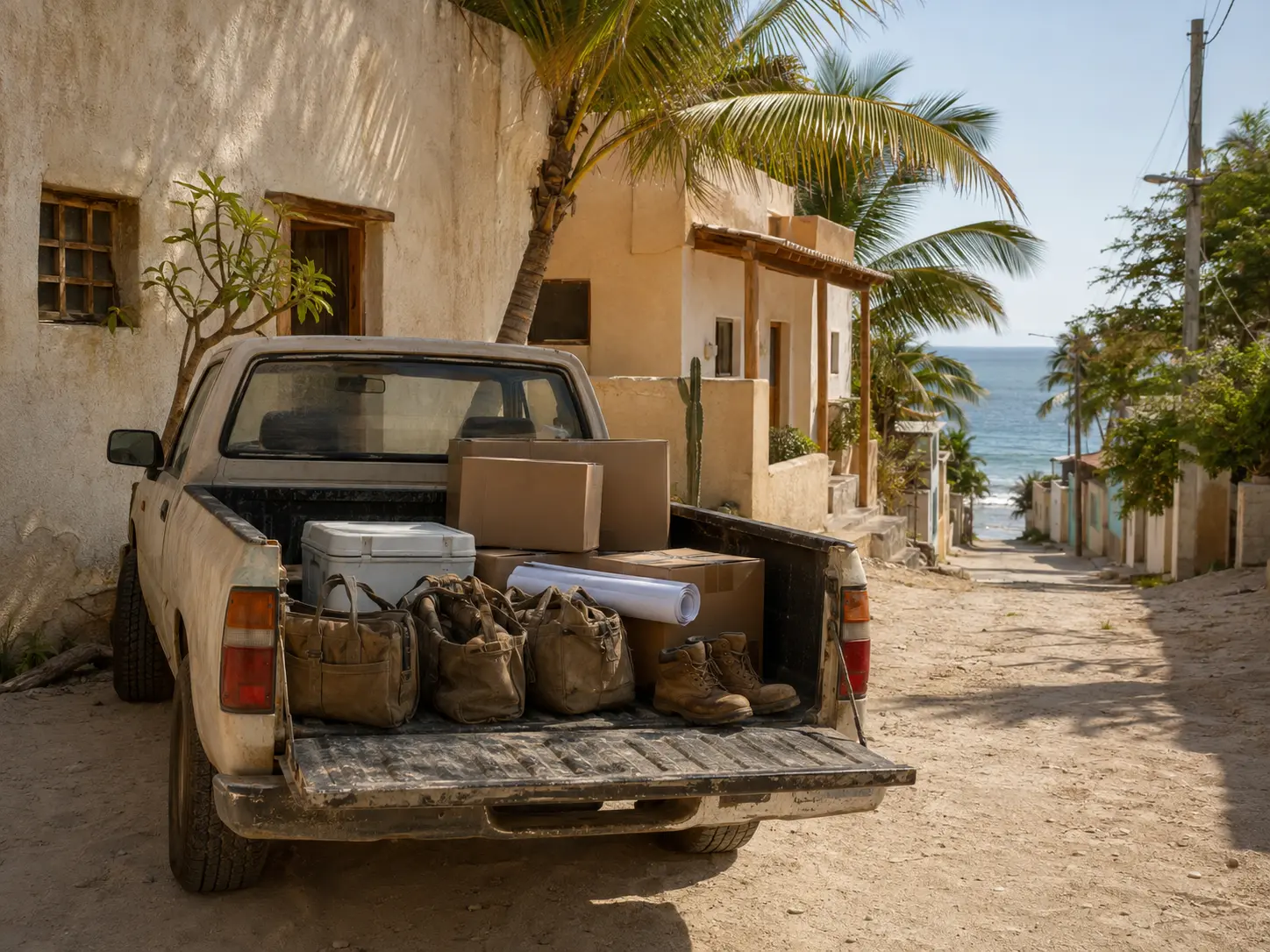 A pickup truck with tools and moving boxes on a coastal Mexican street