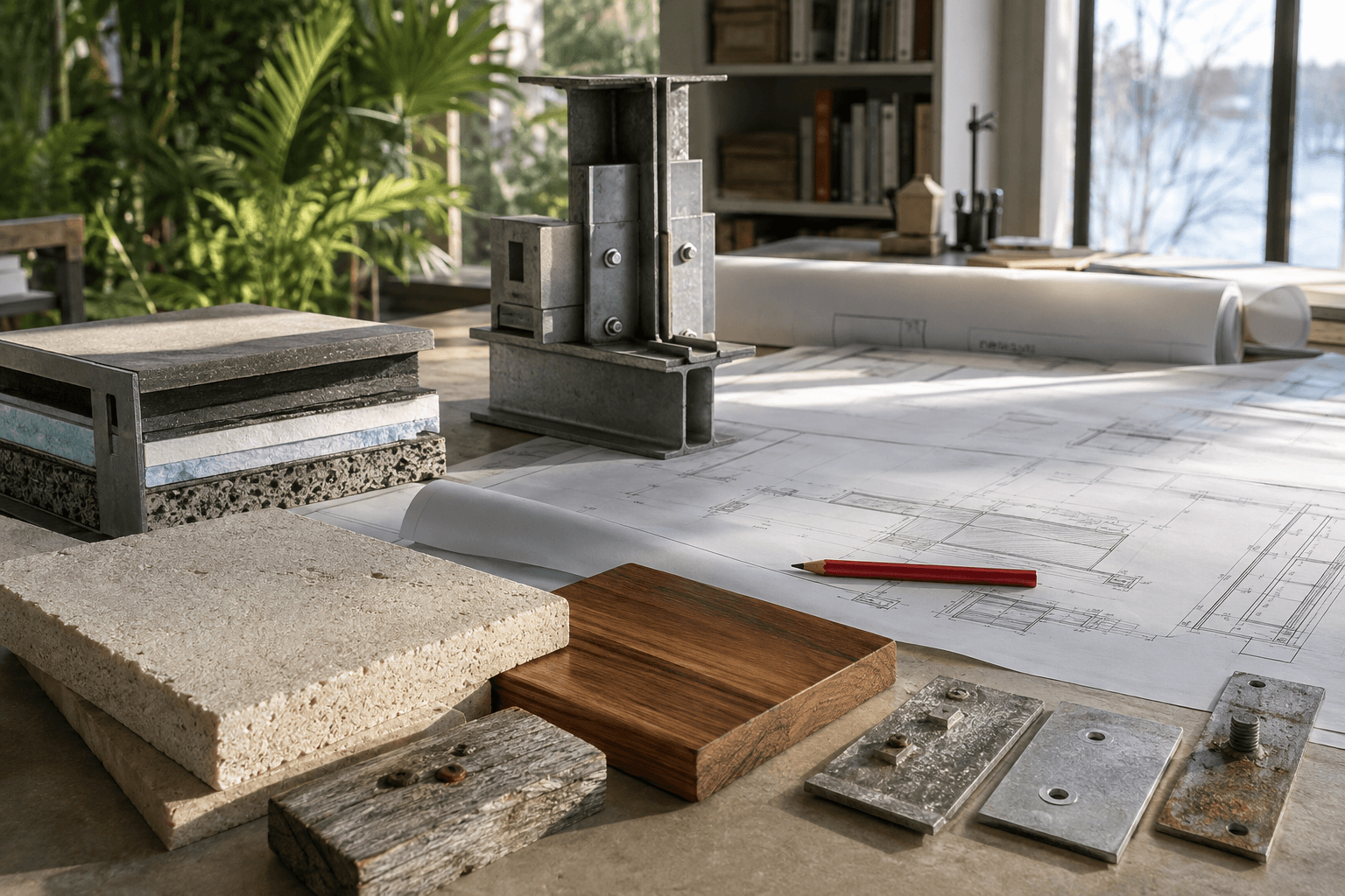 Construction materials and plans laid out together