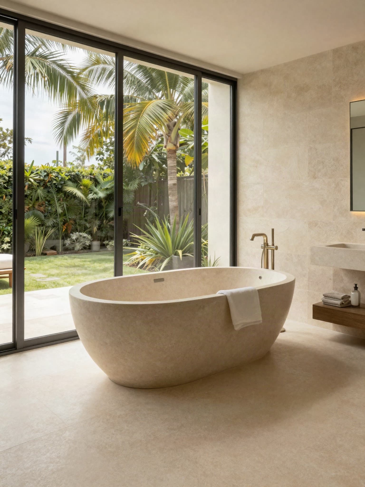 Stone bath set against full-height glass looking into a planted courtyard