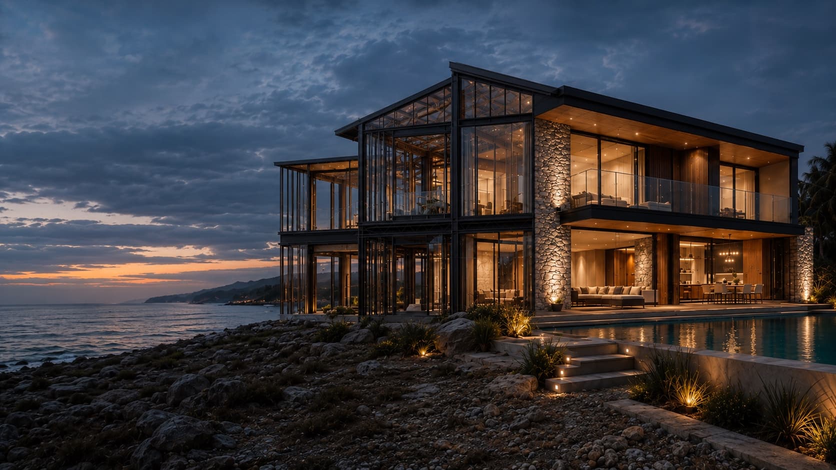 The finished home at dusk, fully lit