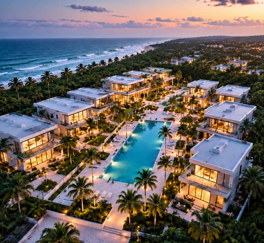 Aerial view of a phased villa development at sunset