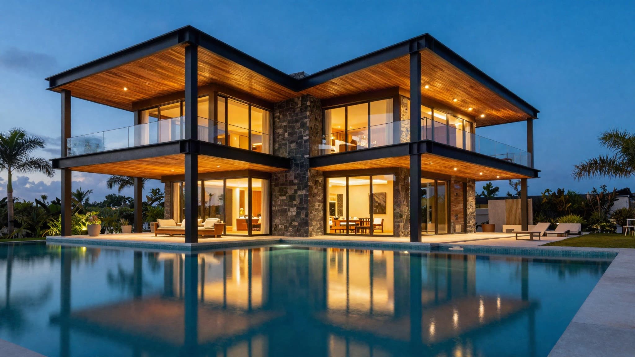 A completed steel-framed residence at dusk