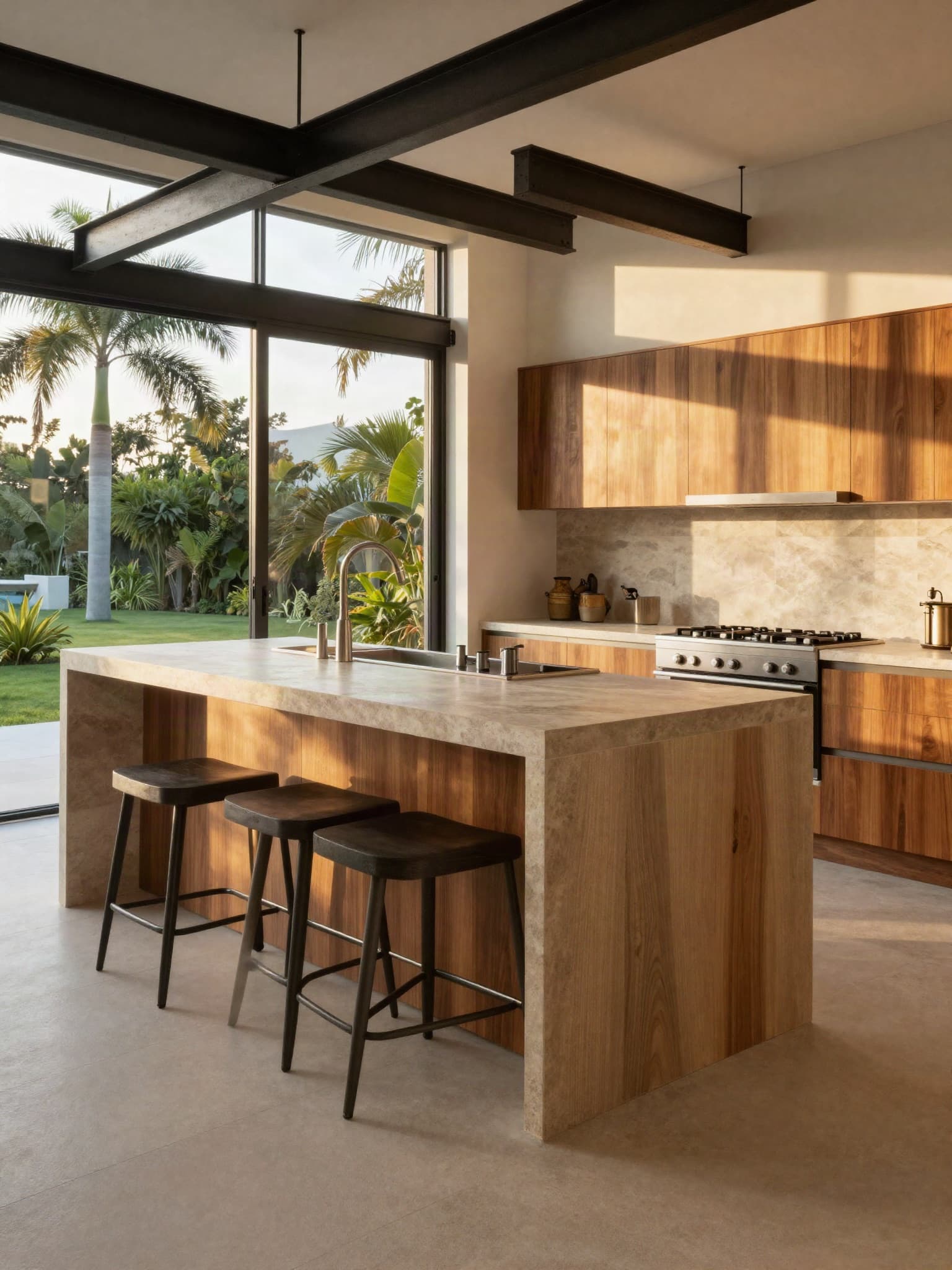 Kitchen with a stone island and walnut cabinetry at late afternoon
