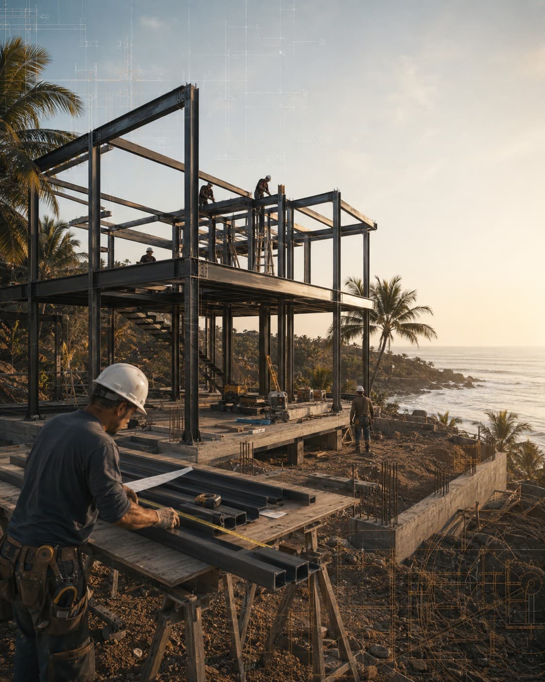 A crew erecting a steel frame on a coastal building site at sunrise