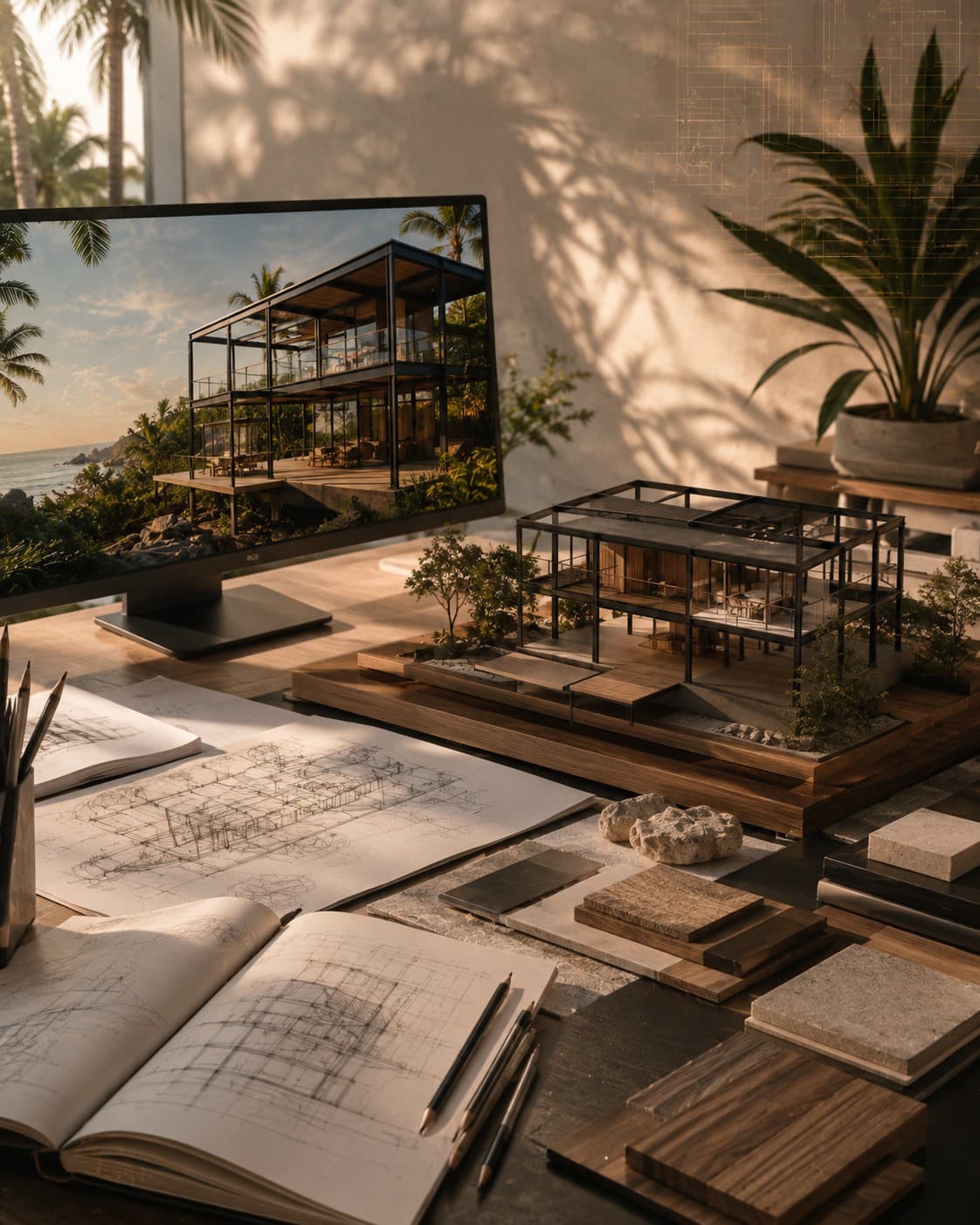 A desk with a rendered house on screen, a physical massing model, and hand-drawn sketches