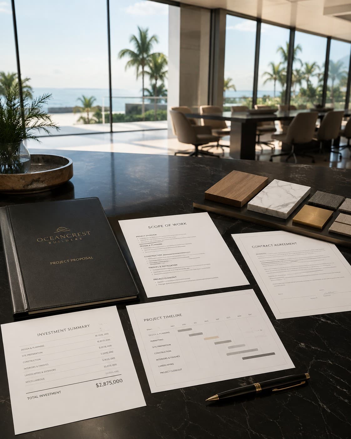 A signed contract agreement, scope of work, and project timeline laid out on a table