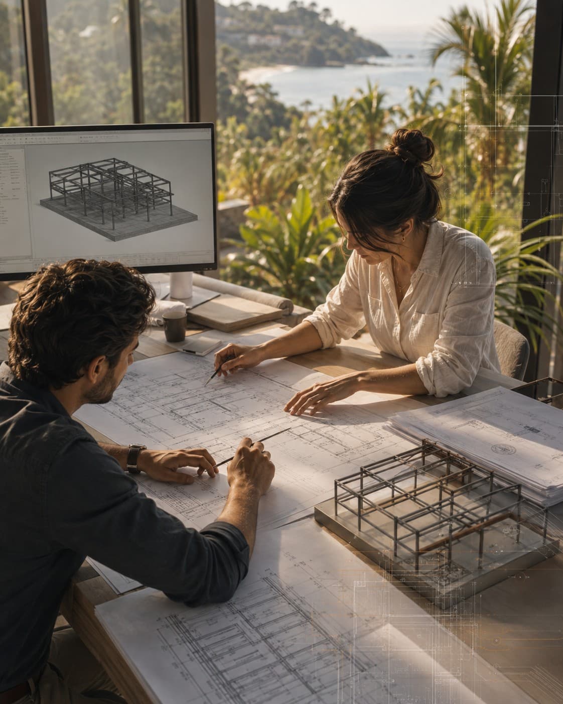 Two people reviewing a steel frame model on screen and blueprints at a desk overlooking the coast