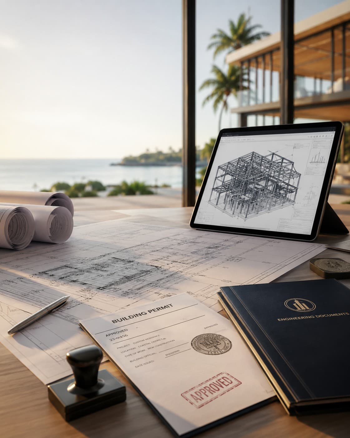 An approved building permit and engineering documents beside a tablet showing a steel structure model