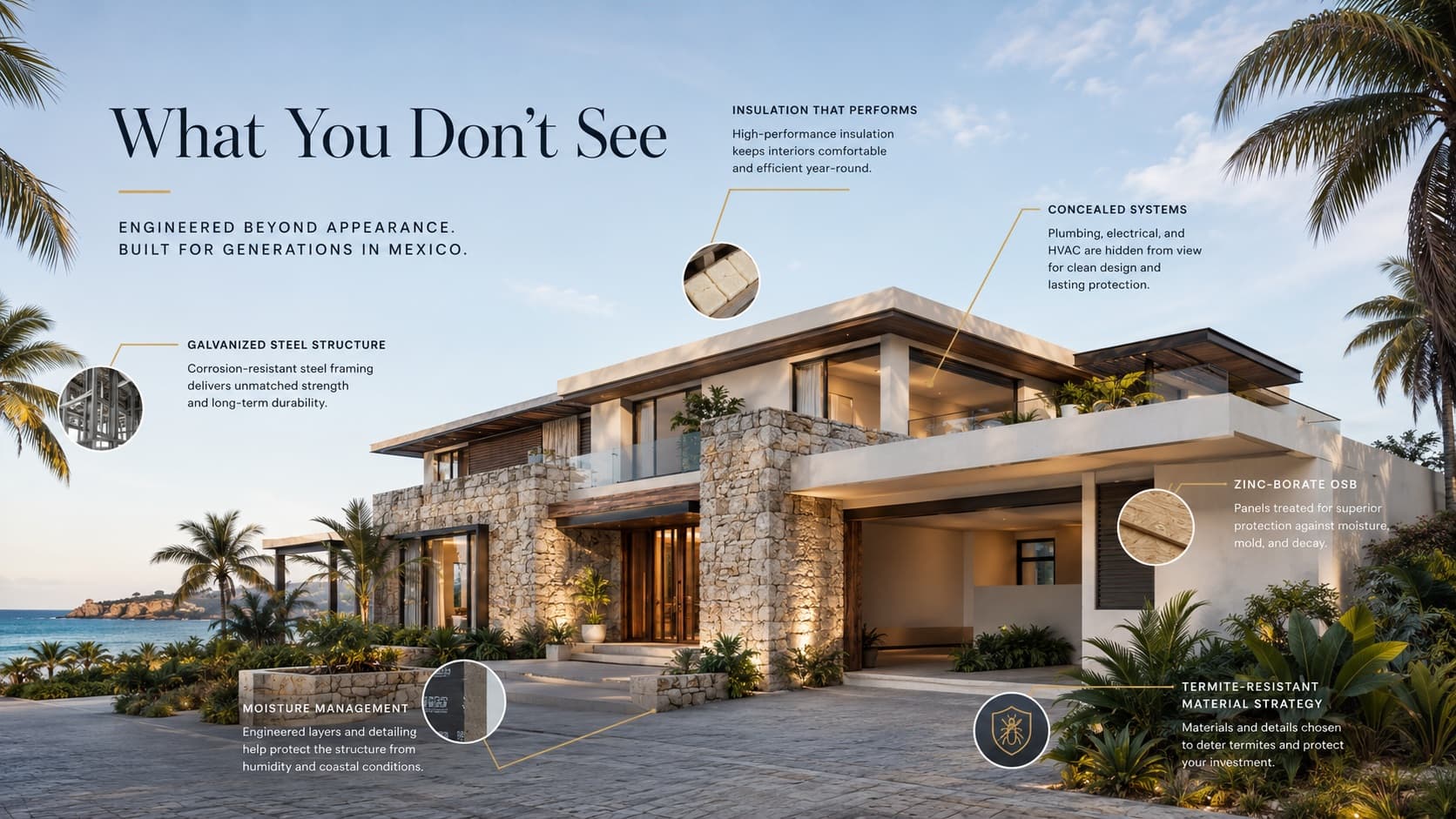 What you don't see: a steel-framed coastal residence with six callouts detailing its galvanized steel structure, insulation, concealed systems, zinc-borate OSB, termite-resistant materials, and moisture management