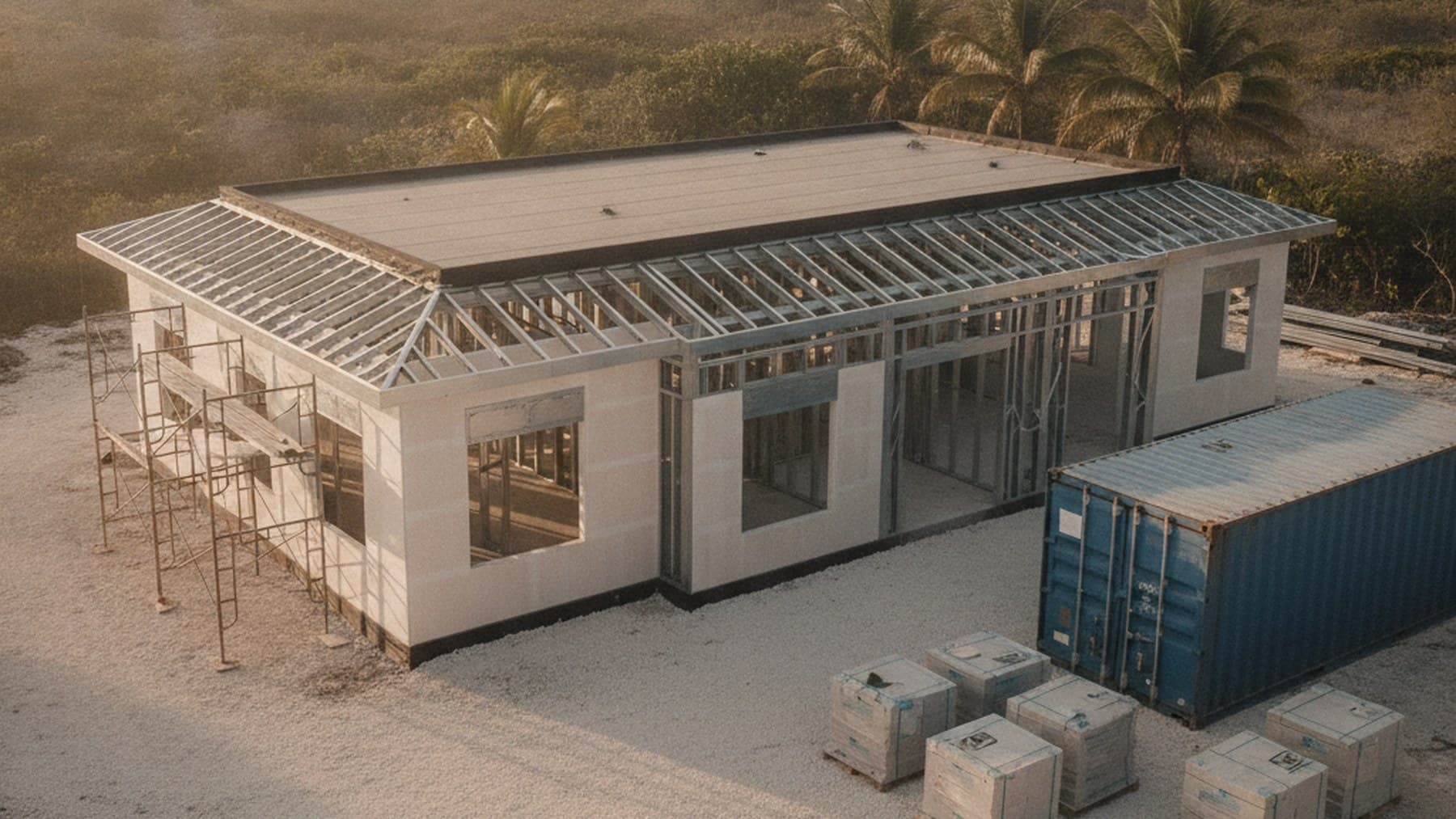 Structural frame mid-build with the roofline in place