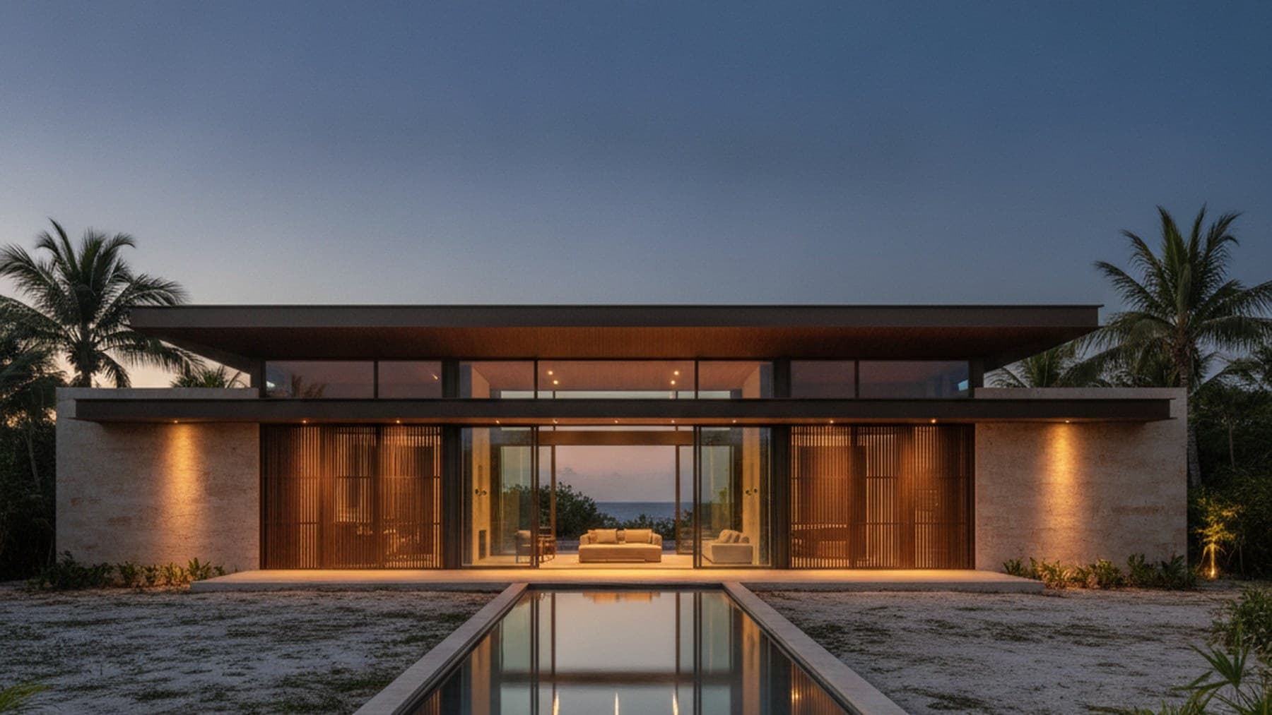 Finished residence exterior at dusk