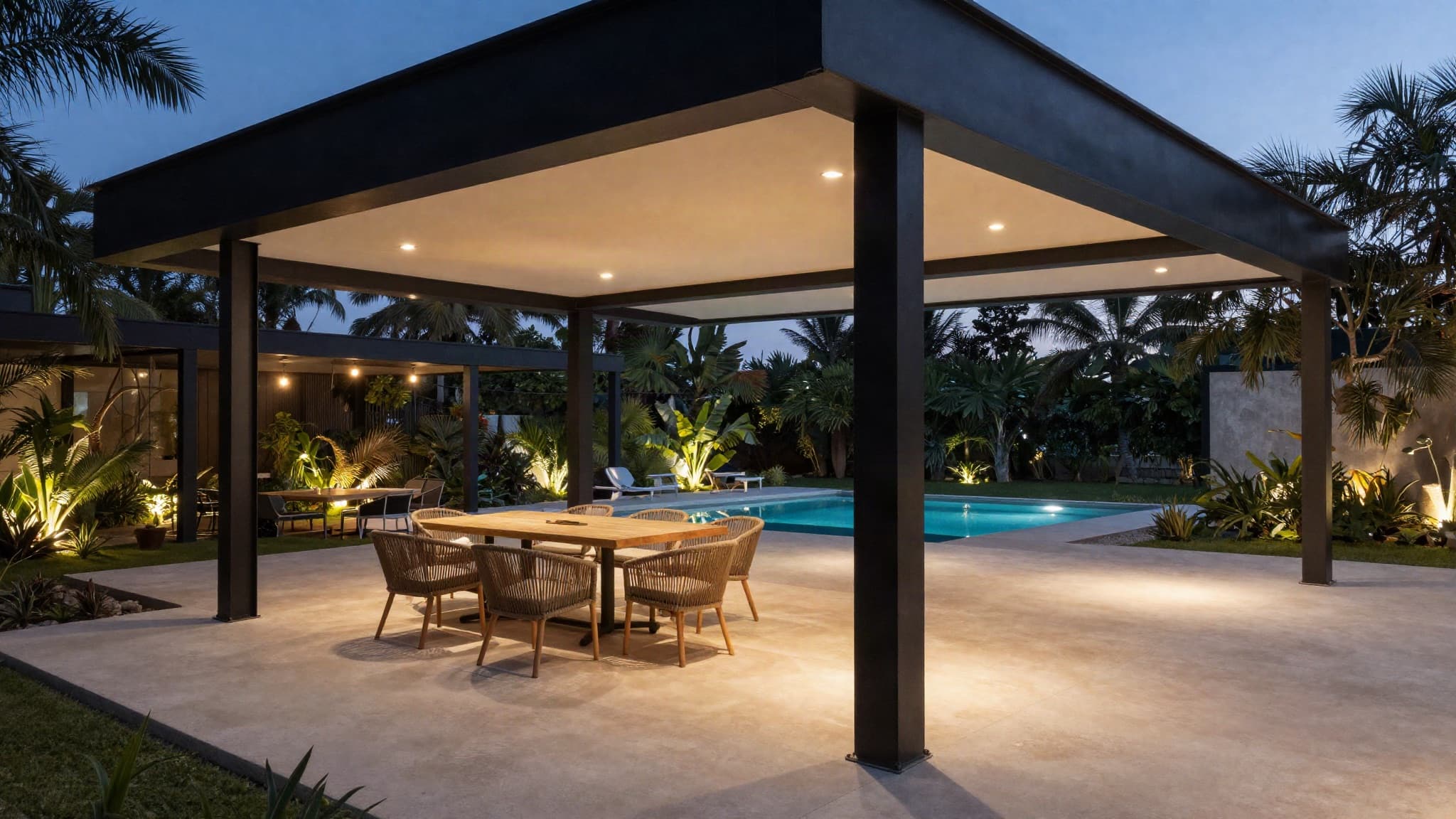 Covered steel-framed terrace opening onto a lit pool at evening