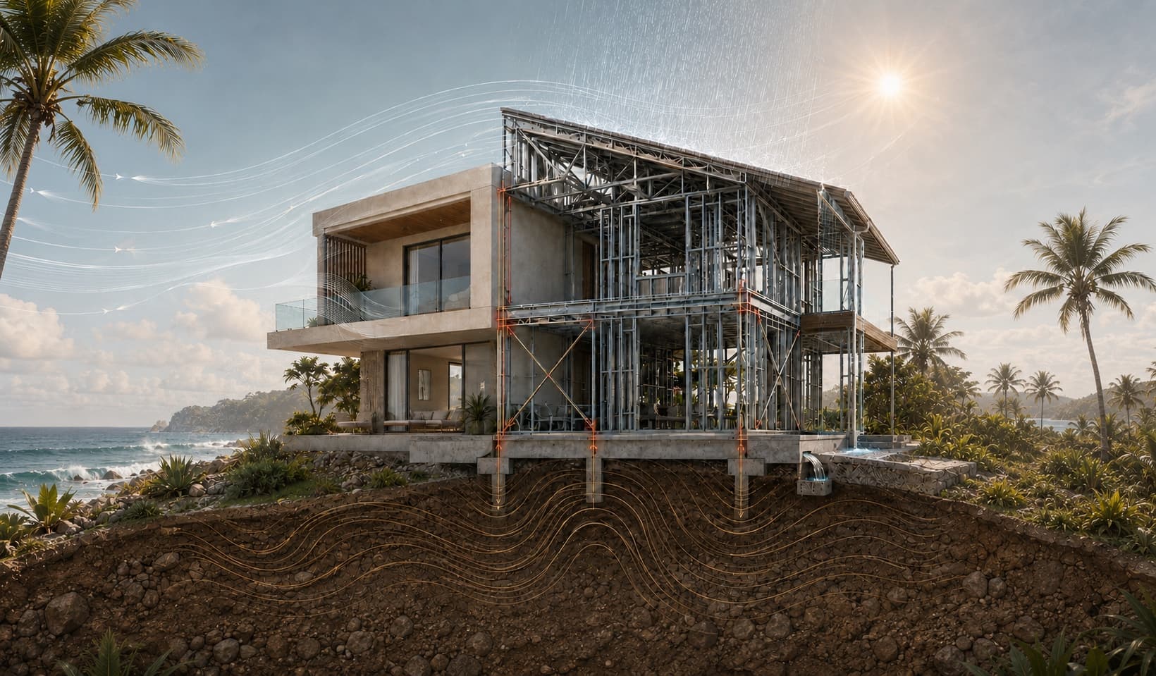Cutaway of a steel-framed coastal residence showing the structural frame exposed to wind and rain above, and a cross-section of deep foundation piles anchored in the soil below