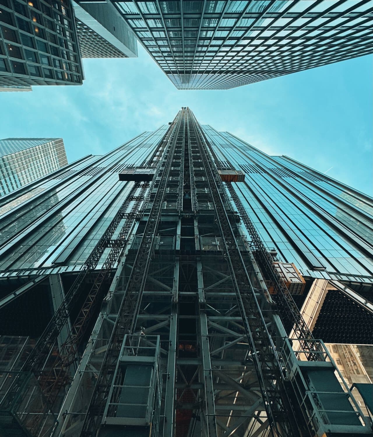 Steel frame of 270 Park Avenue viewed from below during construction