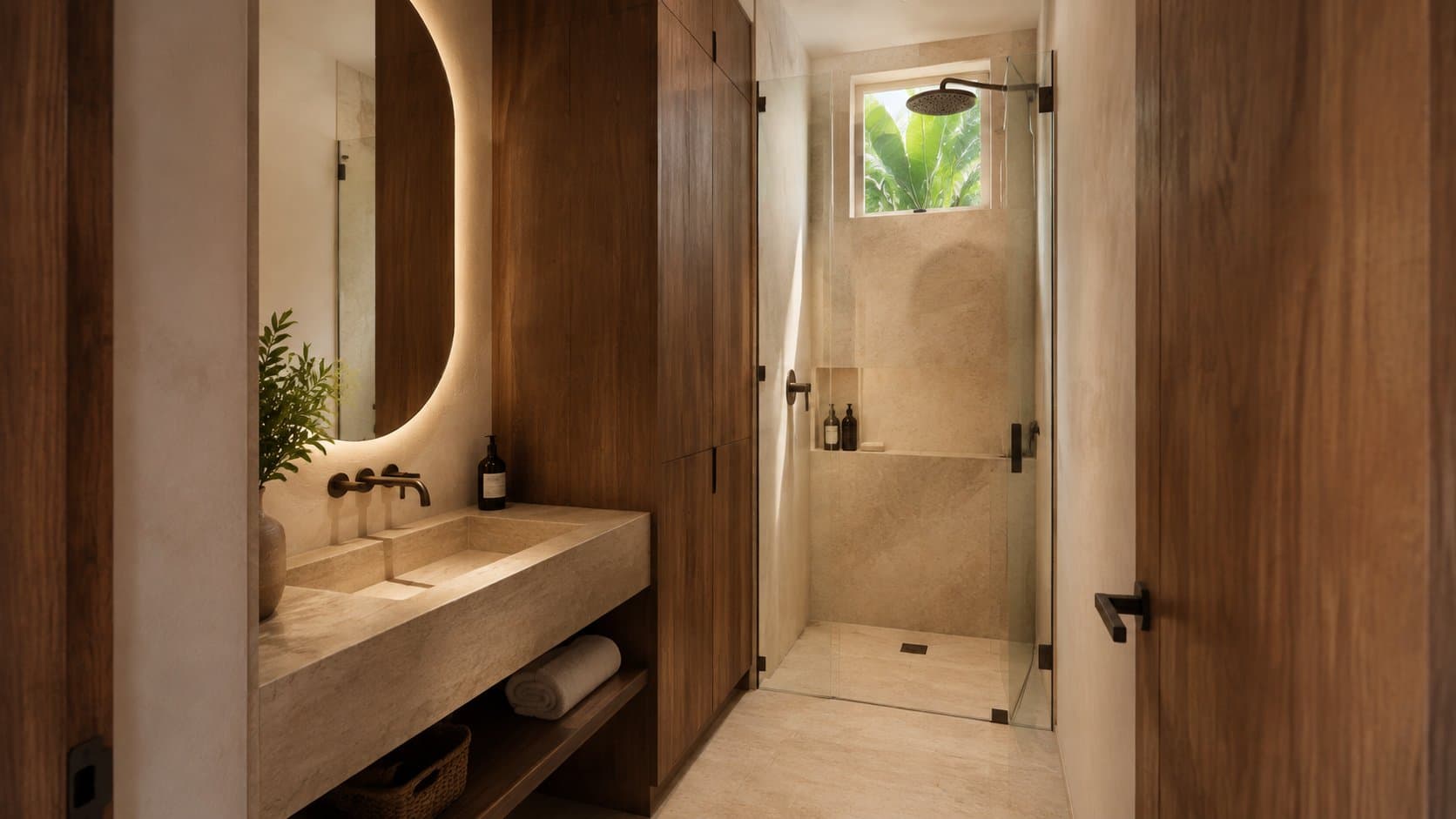 Bedroom with full-height built-in cabinetry and a pendant light beside the bed