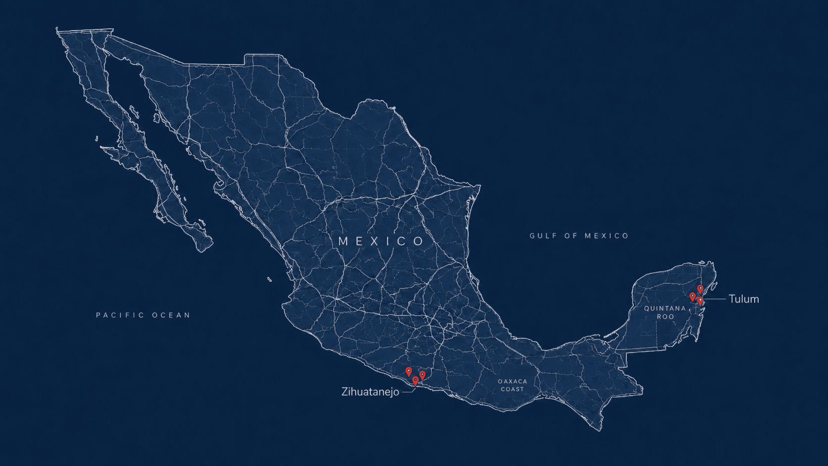 Map of Mexico marking 2Can Homes' build regions: Zihuatanejo on the Pacific coast and Tulum / Riviera Maya in Quintana Roo