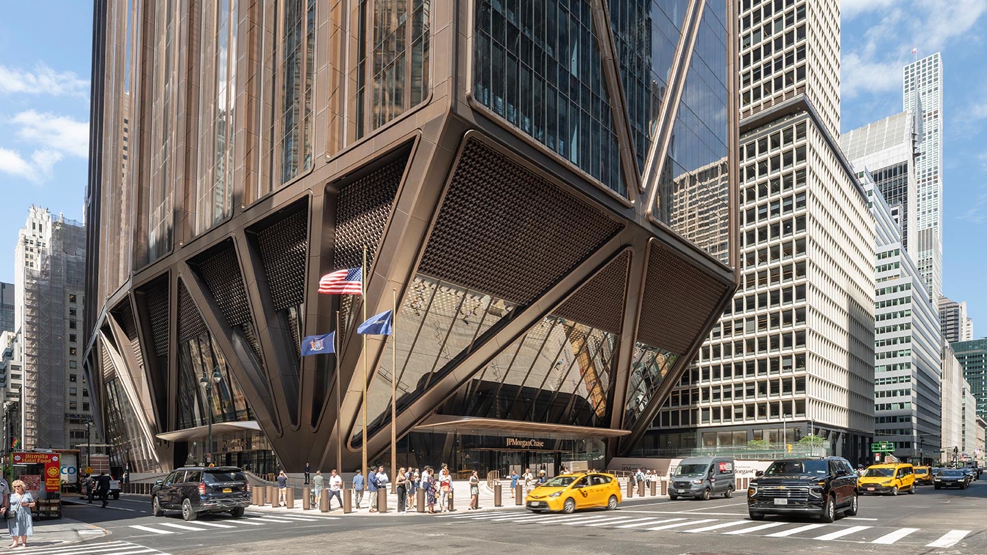 Completed street-level entrance of 270 Park Avenue in Midtown Manhattan